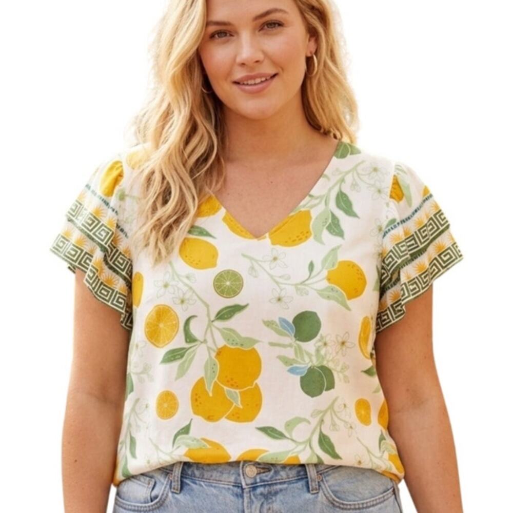 Rachel Zoe Lemon Top Womens 1X Mixed Print Citrus Tiered Sleeves Boho Blouse